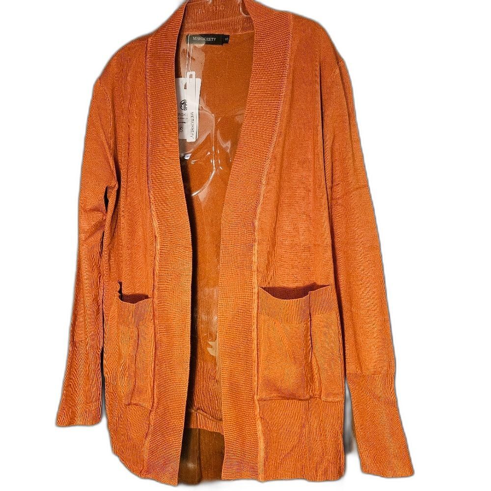 MEROKEETY Women's Small Orange Open Front Pocketed Ribbed Cardigan Sweater‎ NEW